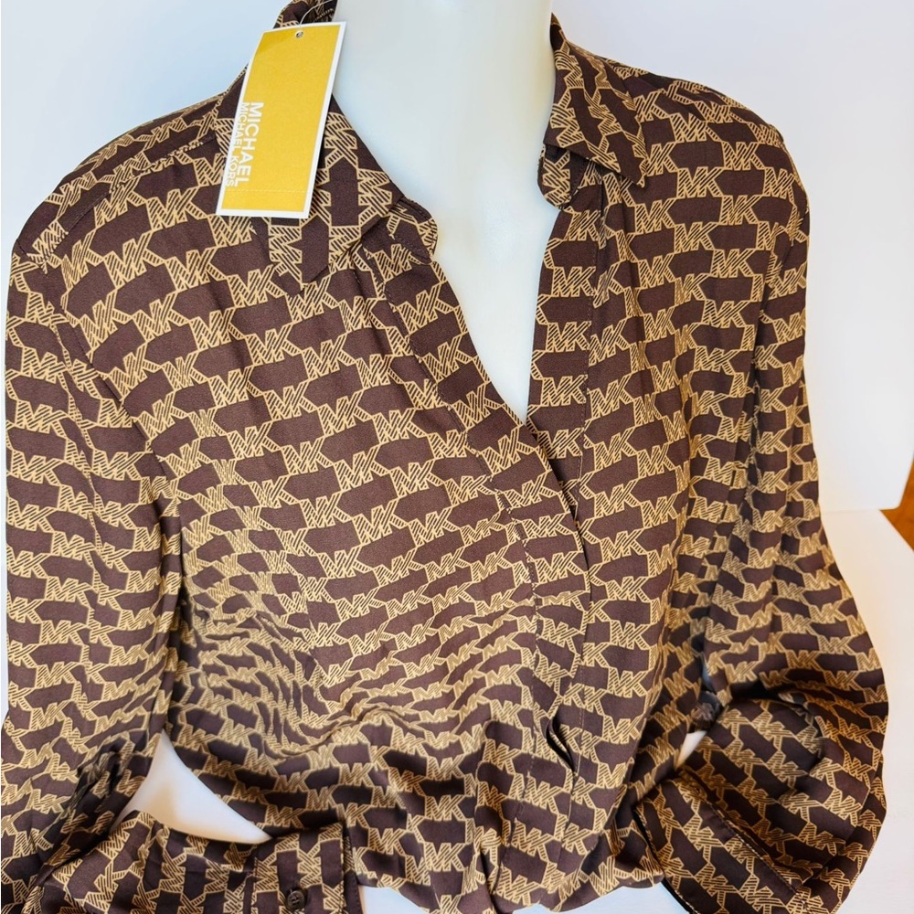 Michael Kors Logo Print Brown and Gold Blouse